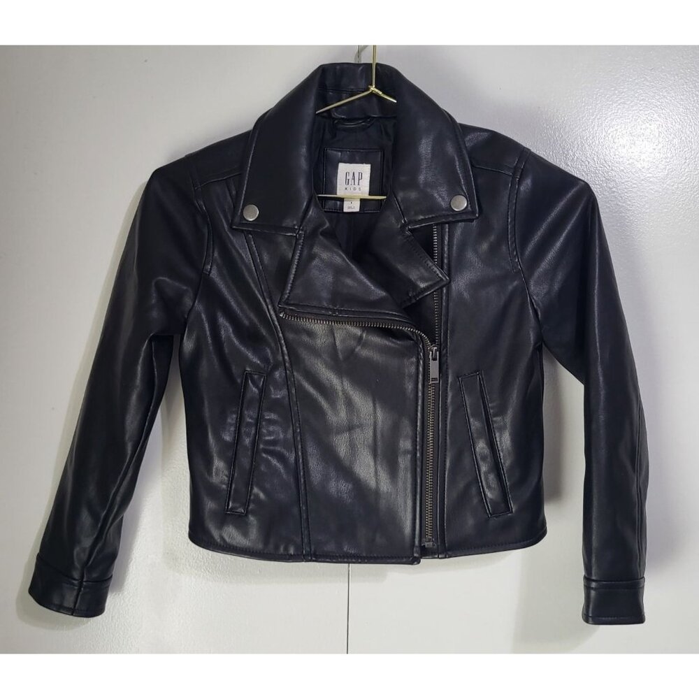 Gap Kids SZ S (6/7) Faux Leather Moto Jacket Biker Black Classic Rock - Picture 4 of 10